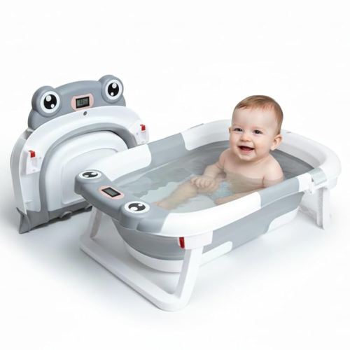Rylor Baby Bathtub for Newborns & Infants 0-12 Months - Foldable, Compact, Non-Slip Bath Tub with Adjustable Cushion - Safe & Comfortable Bath Seat - Perfect for Home & Travel (Gray)