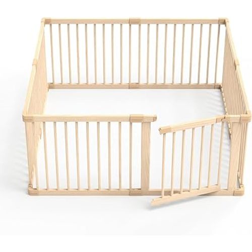 Wooden Baby Playpen, Large Size Adjustable Baby Playard for Babies and Toddlers with Safety Gate, CPC Certified Play Fence（57x57x24 Inches