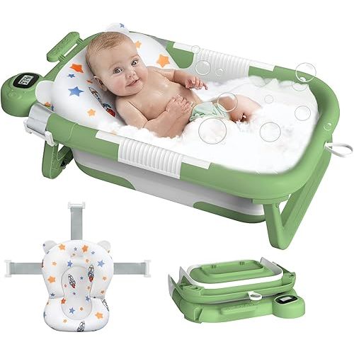 Collapsible Baby Bathtub, Baby Bath Tub for Newborn to Toddler with Floating Cushion for Bath Support, Portable Baby Tub for Infants with Temp Monitor, 0-36 Months Baby Bath Essentials, Green