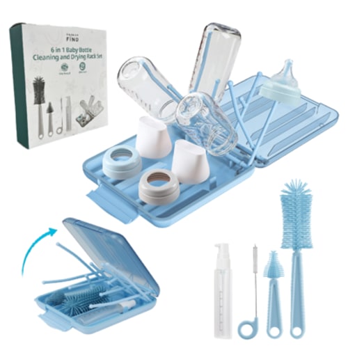 Travel Baby Bottle Cleaning Kit - Portable Silicone Baby Bottle Brush Set - Travel Bottle Drying Rack - Travel Bottle Cleaner Kit - Bottle Washing Kit - Nipple Brush Baby Essential Blue Bazaar Find