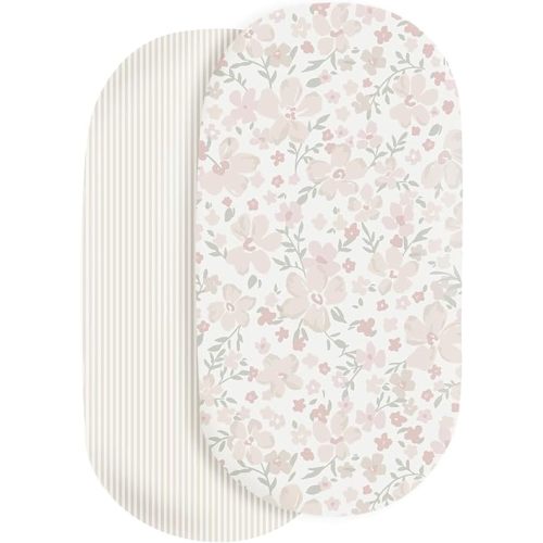 Organic Cotton Bassinet Sheet (Set of 2) GOTS Certified Organic Bassinet Mattress Cover Fits Hourglass Rectangle Oval - Ultra Soft Breathable (15"x33", Blossom + Beige Stripes)