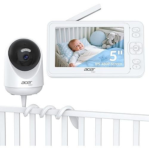 acer Video Baby Monitor 5” LCD Screen Monitor No WiFi with 1080P Camera and Audio for Crib 1000ft Range Remote Pan Tilt Night Vision, Temperature Sensor, 8 Lullabies, 2-Way Talk, Video Recording, VOX