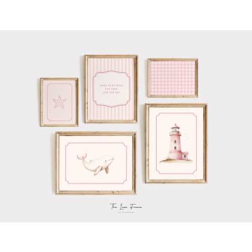 Coastal Cottagecore Nursery Wall Art Set, Girls nursery wall art, Nautical Digital Downloads, Whale, Lighthouse, Starfish, Gingham & Stripe