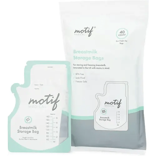 Motif Medical Breastmilk Storage Bags - Breastmilk Freezer Bags w/Easy Pour Spout, Write-On Label - Leak-Proof Double Zipper Milk Bags for Breastmilk - Breastfeeding Mom Gifts (6 Oz, 40 Count)