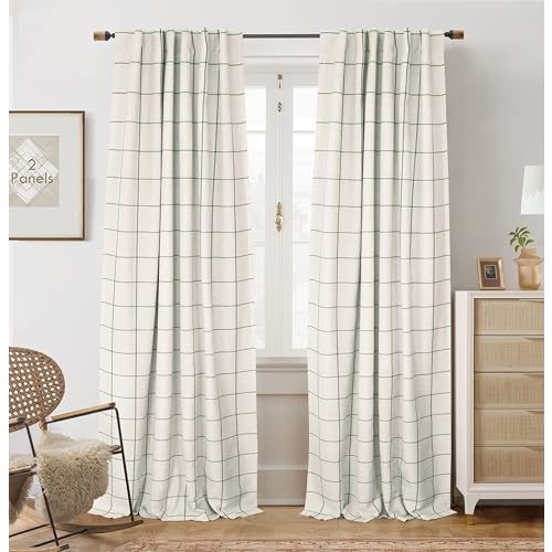 DriftAway 2 Panels 100% Blackout Windowpane Plaid Linen Curtains Double Layer Drapes for Bedroom 96 Inches Long Farmhouse Thermal Insulated 3.25 Inch Rod Pocket Back Tab for Living Room Loden Green