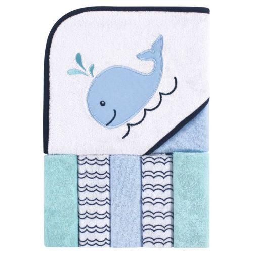 Luvable Friends Baby Boy Hooded Towel With Five Washcloths, Boy Whale, One Size