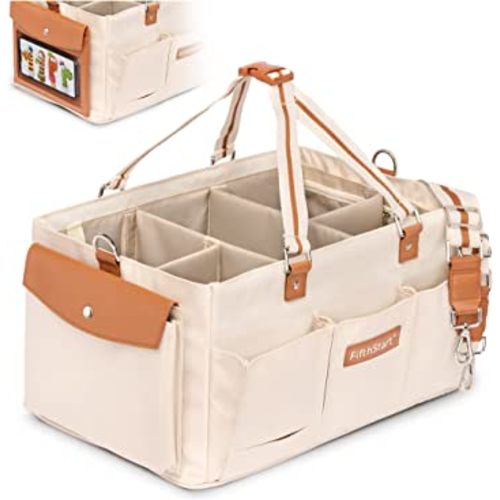 Diaper Caddy With Shoulder Strap & Entertainment Pouch Keeps Baby Still For Diaper Change. Waterproof Diaper Organizer Canvas Fabric Wipe Clean. Diaper Caddy Organizer Multiple Compartments (Beige)