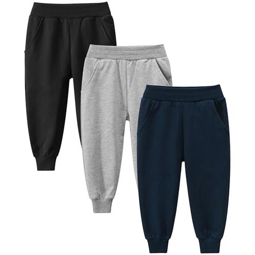 GFQLONG Toddler Boys 2 Pack Cotton Active Jogger Sweatpants,Kids Casual Athletic Solid Pocket Pull On Pants