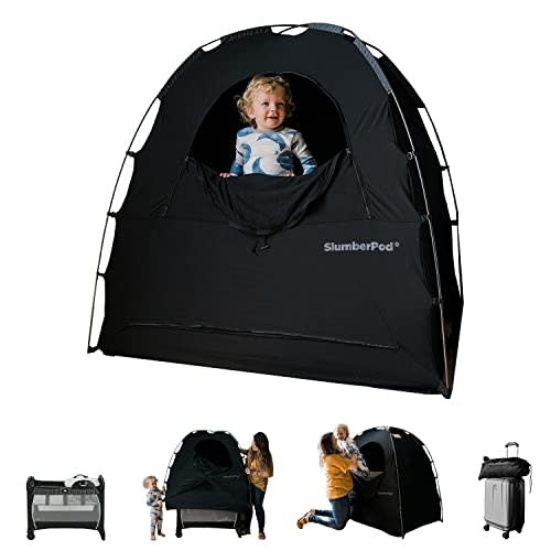 SlumberPod 2.0 Portable Privacy Pod Blackout Canopy Crib Cover, Sleeping Space for Age 4 Months and Up with Monitor Pouch, Pack n Play Blackout Cover, Baby Travel Crib Canopy (Black/Grey)
