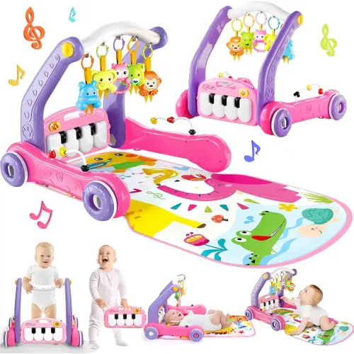4-in-1 Baby Gym Play Mat with Learning Walker, Tummy Time Mat & Baby Push Toys for Newborn Infant 0-3-6-9-12 Month Boy Girl, Babies Activity Center with Play Piano & Lights, Ideal Toddler Baby Gifts