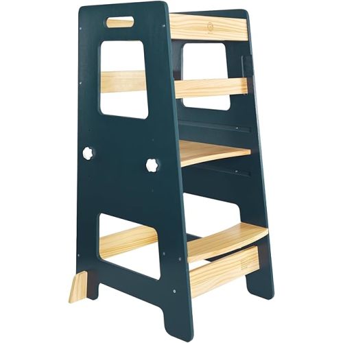 WOOD CITY Kitchen Step Stool - Safe Montessori Standing Tower for Kids with Safety Rail, Height Adjustable Toddler Ideal Helper for Learning New Skills, Anti-Slip Protection for Bathroom - Deep Blue