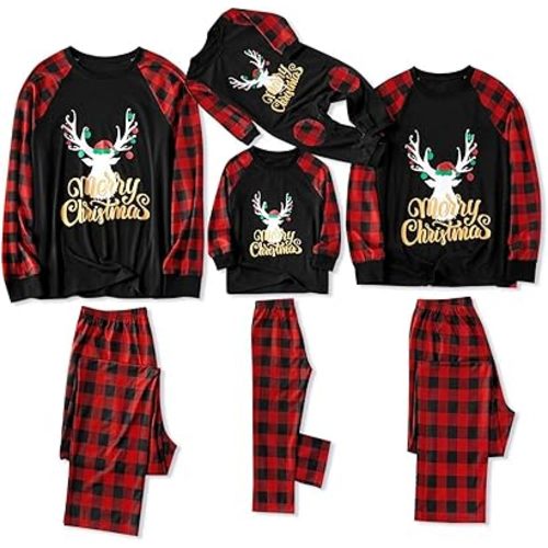 IFFEI Matching Family Pajamas Sets Christmas PJ's with Letter and Plaid Printed Long Sleeve Tee and Bottom Loungewear