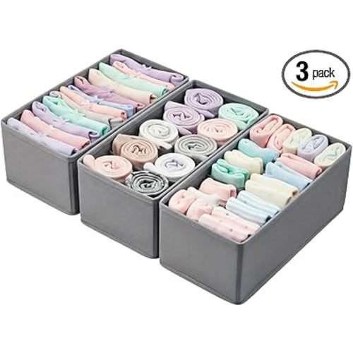 Small Foldable Fabric Drawer Organizer 3-Pack - 11“ Breathable Closet & Dresser Storage Bins for Socks, Underwear, Bras & Baby Clothes, Gray