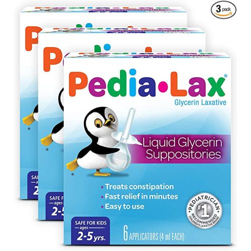 Pedia-Lax Laxative Liquid Glycerin Suppositories for Kids, Ages 2-5, 6 CT, 3 Pack