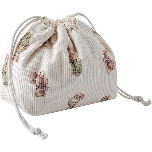 Cute Soft Corduroy Drawstring Makeup Bag with Canvas Lining, Coquette Aesthetic Drawstring Cosmetic with Bear Pattern for Women Girls, Kawaii Travel Makeup Organizer Case(05 Great Bear)