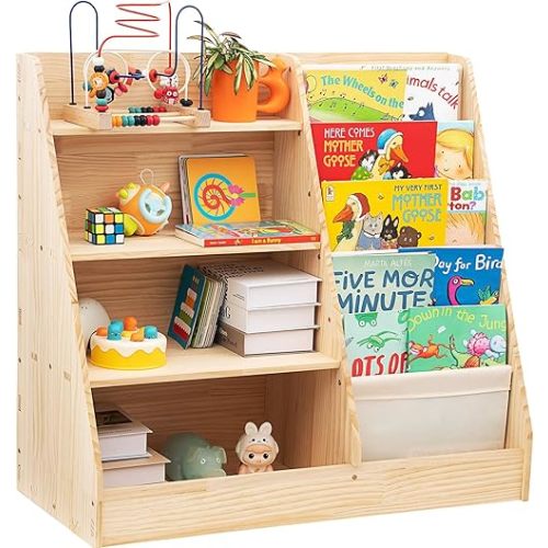 4 Tier Kids Wooden Bookshelf with Storage, Children Bookshelf and Toy Storage Organizer, Classroom Solid Wood Kids Book Shelf, Book Rack in Kids Room Playroom Nursery for Kids