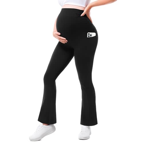 Walifrey Maternity Flared Leggings with Pocket Over The Belly Buttery Soft Pregnancy Yoga Pants for Workout