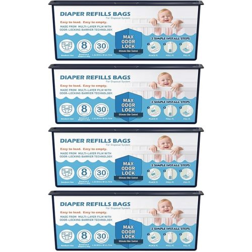 Diaper Pail Refills Bags with 30 Bags Compatible with Genie Easy Roll Signature Diaper Pails, Lasts Up to 8 Months, 7-Layer Odor-Barrier Technology, Pack of 4 (120 Bags)