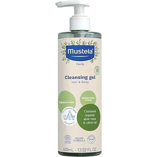 Mustela Certified Organic Cleansing Gel - Natural Hair & Body Wash with Olive Oil & Aloe Vera - For Baby, Kid & Adult - Fragrance Free, Tear Free, Vegan & Biodegradable - 13.52 fl. oz.