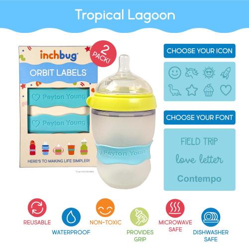 Baby Bottle Name Labels Personalized Sippy Cup Name Label for Daycare School Silicone Bands Engraved Name Label by InchBug (Tropical Lagoon)