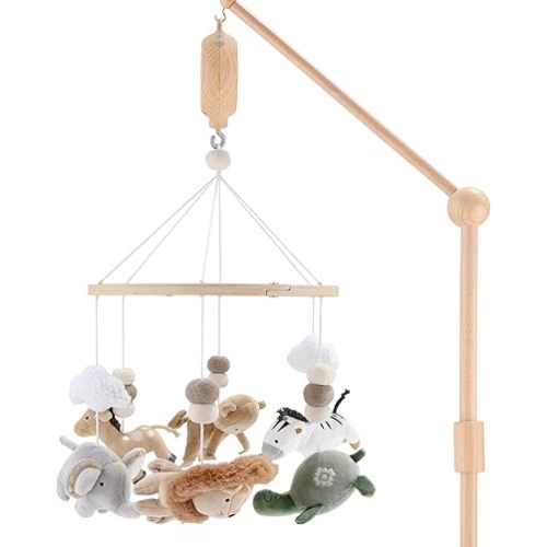 The Peanutshell Crib Mobile for Boys or Girls - Wooden Musical Baby Crib Mobile with 12 Lullabies, Jungle Animal, Baby Safari Serenity Nursery Decor
