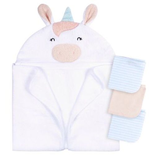 Gerber Baby Charcoal Dino Hooded Bath Towel & Washcloths, One Size Fits Most, 4-piece Set