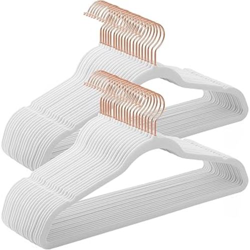 SONGMICS Slim Velvet Hangers, Non-Slip Clothes Hangers with Rose Gold Swivel Hooks, Space-Saving, for Closet, 50 Pack, White UCRF026W03