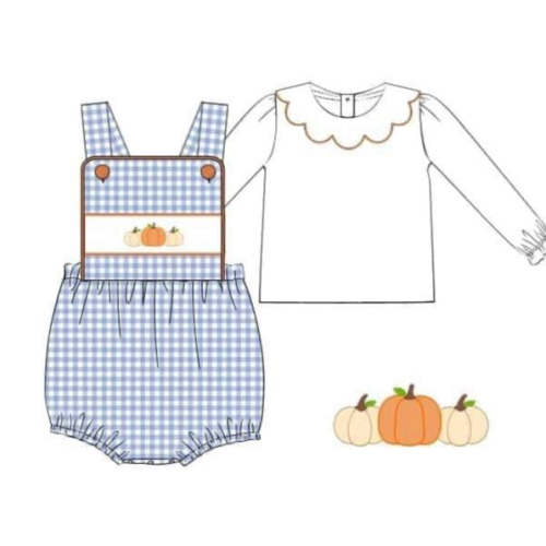 RTS: Blue Check Pumpkin Collection- Girls Woven Bubble