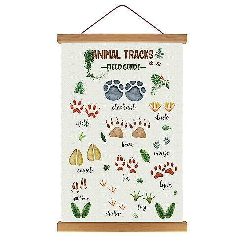 CHDITB Animal Tracks Poster Hanger Framed, 28x45cm Colorful Field Guide Art Print For Camper, Field Expedition Knowledge Painting Artwork Home Wall Decoration For Bedroom Nursery Camper Cabin