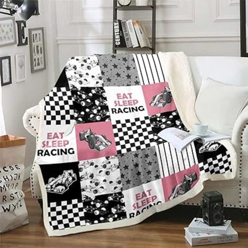 Pink Race Car Throw Blanket Racing Cool Speed Fleece Blanket Extreme Car Sports Fuzzy Blanket Baby Size for Girls Youth, Race Geometry Checkered Patchwork Theme Sherpa Blanket for Bed Couch Sofa