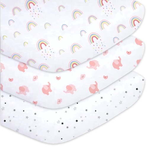 "3 Pack Girls' Crib Sheets: Extra Soft Microfiber, 28""x 52"", Rainbow, Elephant & Stars"