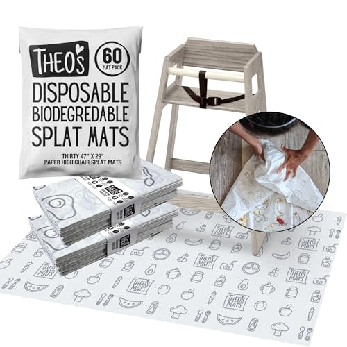 THEO'S MATS 60 Count Disposable Mats for Under High Chair - 100% Biodegradable & Compostable 47" x 29" Splat Mat Floor Covering | Baby Led Weaning Supplies for Home or Restaurants, Gray