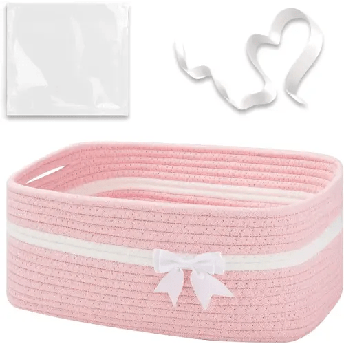 OIAHOMY Large Woven Storage Basket with Handles for Nursery Living Room Shelves, Bow Basket for Gifts Empty with Gift Bags and Ribbons for Baby Showers Pet Toy Bin - Pink