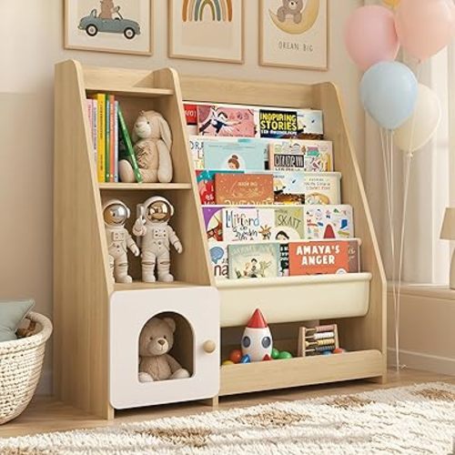 FKWin Kids Bookshelf and Toy Storage Organizer, Montessori 4-Tier Bookshelf with Side Shelves & Cabinet Door for Bedroom, Playroom, Classroom, Nature