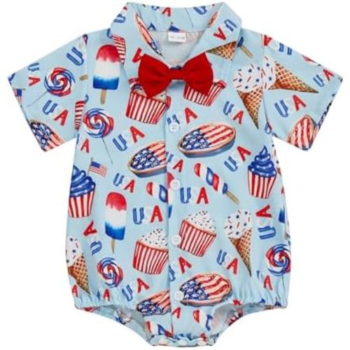 Newborn Baby Boy 4th of July Outfit Dress Shirt Bodysuit Button Down Short Sleeve Bowtie Romper One Piece Outfit
