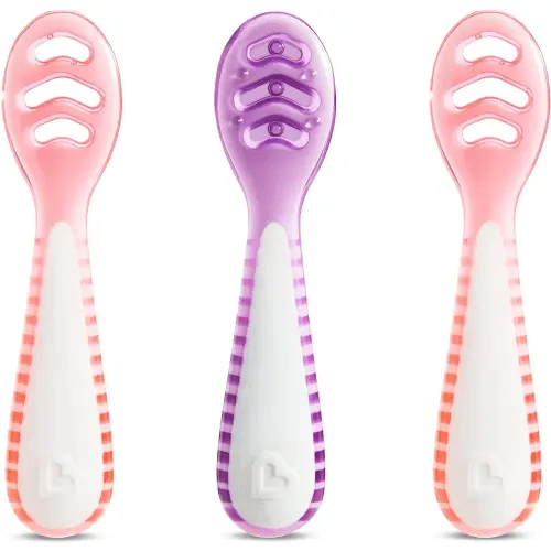 Munchkin® Gentle Dip™ Multistage First Spoon Set for Baby Led Weaning, Self Feeding, Solids & Purees, 3 Pack, Coral/Purple