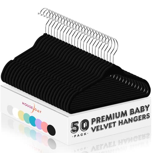 HOUSE DAY 11 Inch Velvet Baby Hangers 50 Pack Black, Premium Kids Hangers for Children/Infant/Toddler Clothes, Durable Non Slip Small Baby Felt Hanger for Closet, Ideal for Everyday Use
