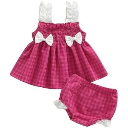 Sasaerucure Summer Outfit Clothes Infant Newborn Baby Girl Plaid Sleeveless Tunic T-Shirt Top and Shorts Bloomers Set