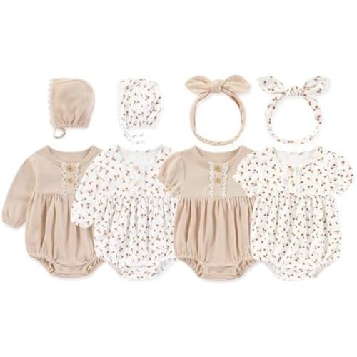 Newborn Baby Girl Clothes Cotton Bubble Rompers Infant Outfit Floral Long Short Bodysuit, 4 Pack