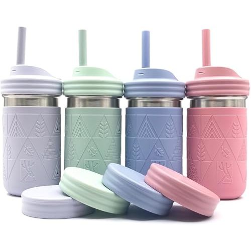 Elk and Friends Stainless Steel Cups |14 oz Mason Jar design | Kids & Toddler Cups with Silicone Sleeves & Straws with Stopper | Smoothie Cups | Dishwasher Safe