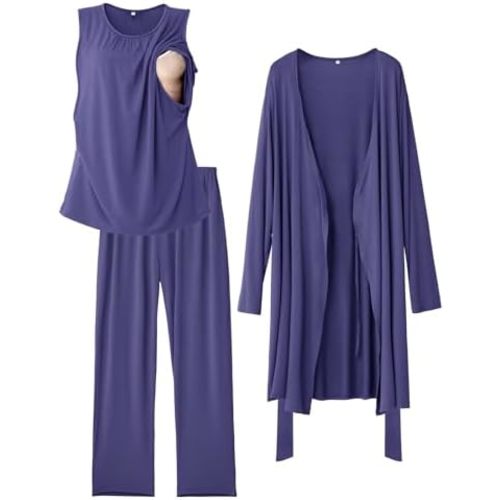Rnxrbb Nursing Pajamas Gown Set for Women Breastfeeding Postpartum Pajama Maternity Pj for Hospital 3 PCS