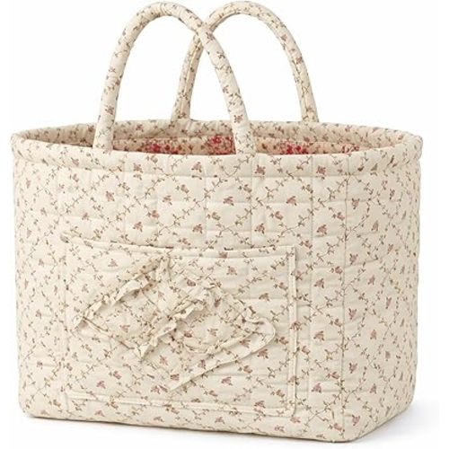 Car Storage Basket, Quilted Fabric Storage Baskets with Handles, Quilted Laundry Basket Boho Floral Print Organizer Bin, Foldable Car Basket for Home, Picnic, Office (D)