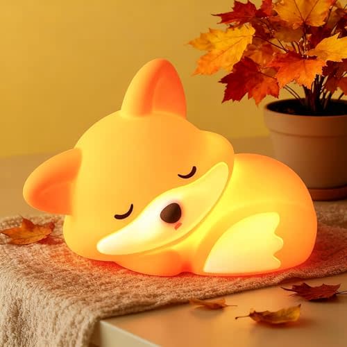 YR YRHH-PET Cute Fox Lamp, Fox Night Light for Kids, Xmas White Elephant Gifts, Squishy Rechargeable Dimmable Toy, LED Woodland Animal Nightlight, Fall Room Décor, Touch Light Up Foxes, Safe Silicone
