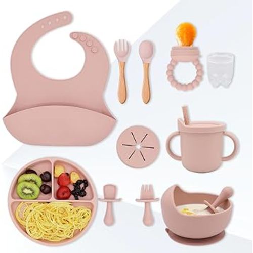 Silicone Baby Feeding Set -13 piece baby led weaning supplies with Suction plates for toddlers, bowls, Baby Utensils, Snack Cup, Sippy Cups, Toddler Utensils items Pink 6+ Months essentials must have