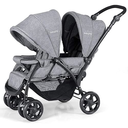 BABY JOY Double Stroller, Foldable Lightweight Twin Stroller with Tandem Seating, Adjustable Backrest/Canopy/Footrest, 5-Point Harness, Storage Basket, Newborn and Toddler (Gray)
