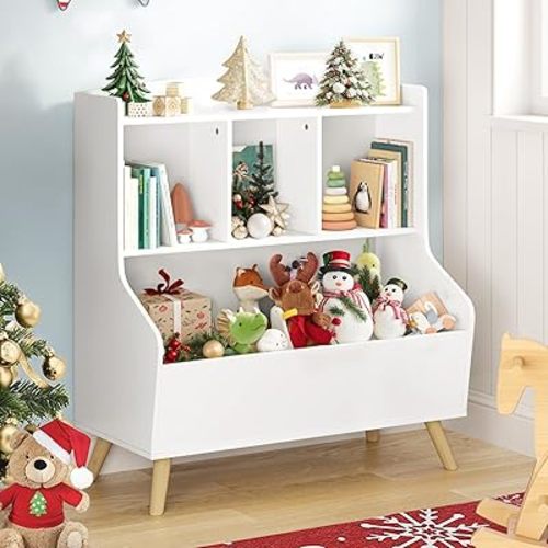 Kids Bookshelf and Toy Storage, 3-Tier Wooden Open Bookcase, Baby Book and Toy Storage Display Organizer with Spacious Top Shelf for Children, Family, White(Large Size)