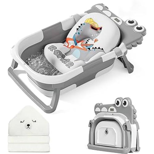 MoreFeel Collapsible Baby Bathtub for Newborn with Thermometer & 1 Hooded Towel & 1 Soft Floating Cushion,Portable Travel Bathtub with Drain Hole, Durable Foldable Baby Tubs for Infants to Toddler