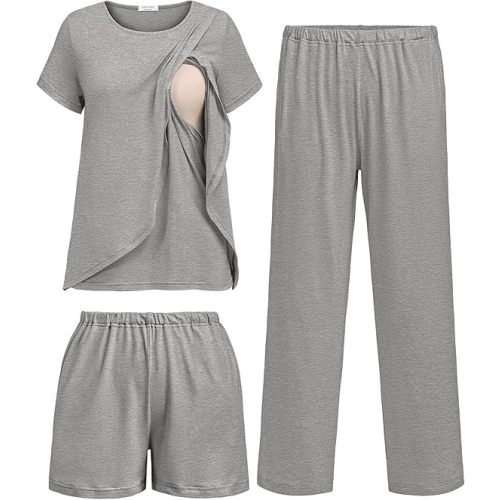 Ekouaer 3 PCS Maternity Nursing Pajamas Set Postpartum Breastfeeding Short Sleeve Shirts, Pregnancy Shorts & Pants Pjs S-XXL
