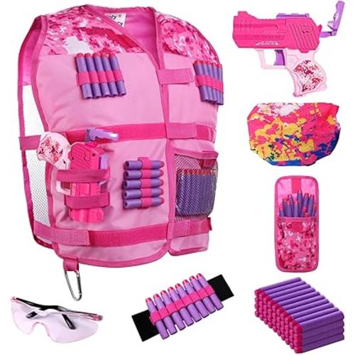 Girls Tactical Vest Kit with Blaster - Kids Pink Tactical Vest Compatible with Nerf Rebelle N-Strike Purple Darts Googles for Girl