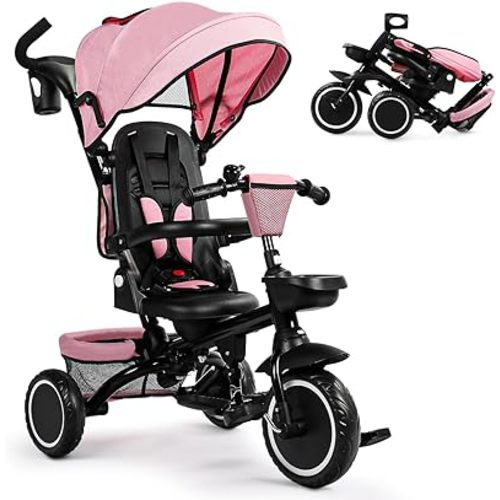 Folding Kids Tricycle, 8 in 1 Baby Trike W/Removable & Adjustable Canopy, Parent Handle, 5-Piont Safety Harness, Toddler Bike Stroller for Kids 1-6 Years, EVA Wheels, Storage Basket, Pink